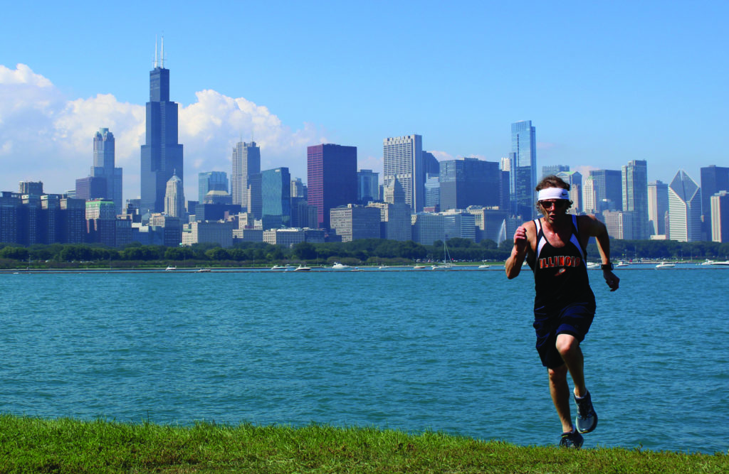 Dana Potts running after hip surgery with Chicago Skyline